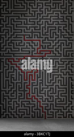 Flat design maze is unfolding on gray wall above smooth concrete floor with red solution path Stock Photo