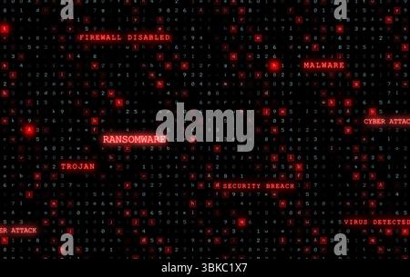 Flat design is showcasing simulated terminal code matrix with red glowing ransomware trojan alerts Stock Photo