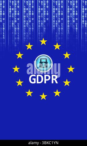 Flat design GDPR padlock is floating in dark blue surrounded with yellow stars and binary code Stock Photo