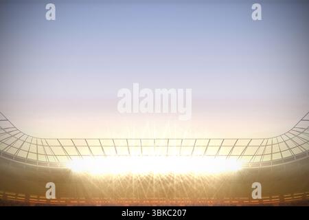 Stadium floodlights are shining over empty seating at dusk in flat design, with curved roof beam Stock Photo