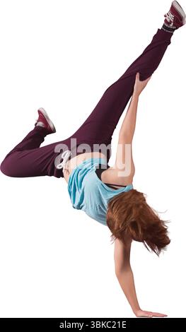 Vector art dancer doing one-arm handstand on white backdrop, wearing burgundy sneakers and blue top Stock Photo