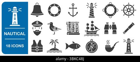 Marine and Seafaring Icon Set. Nautical Adventures and Maritime Exploration. Ancient Sail Ship, Captain, Anchor, lighthouse, Binoculars, helm, compass Stock Vector