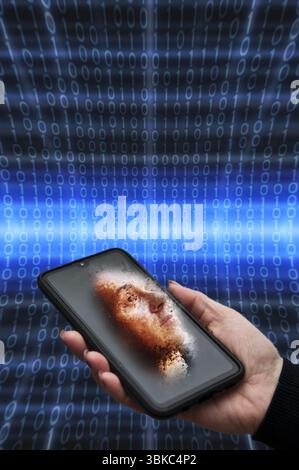 hand holding a smartphone with an AI digital assistant Stock Photo