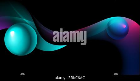 Glowing liquid waves with glossy spheres abstract futuristic background. Blue purple vector design Stock Vector