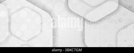 Grey geometric hi-tech background with hexagons and halftone dots. Abstract minimal web banner design Stock Vector