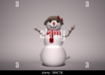 Snowman is standing in flat design on gray gradient background, featuring twig arms and red scarf Stock Photo