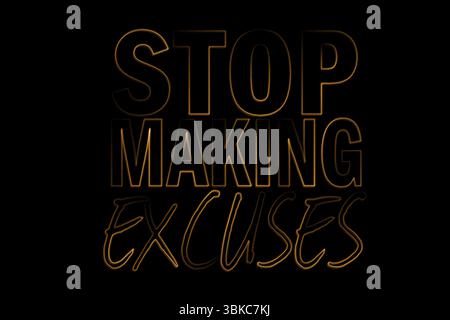 Motivational phrase STOP MAKING EXCUSES is glowing in orange neon 3D on solid black background Stock Photo