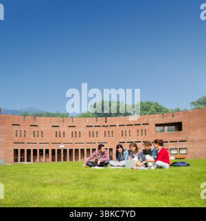 Flat design showing five students studying on grass by red brick building with notebooks, laptop Stock Photo