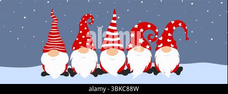 Funny Red Christmas Gnomes Sitting in Snow with Cute Hats and Beards. Perfect for Winter Holiday Cards, Family Decor, Kids Celebration, Seasonal Stock Vector
