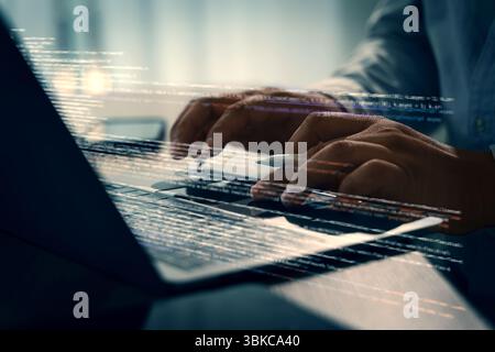 A programming code on representing person working laptop with digital code overlay, focusing programming or cybersecurity, modern office environment Stock Photo