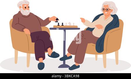Elderly couple playing chess. Grandparents spend time together. Senior family at chessboard. Pensioners hobby. Retired people sitting at table with in Stock Vector