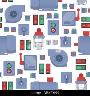 Electrical mechanisms seamless pattern. Motor equipment. Steel lever switch. Engine buttons. Repeated print. Industrial fan and lamp. Compressor pump Stock Vector