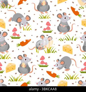 Cute little mouse with piece of cheese and carrots. Small animal seamless pattern. Cartoon rat sleeping on pillow. Repeated baby print. Meadow mammal Stock Vector