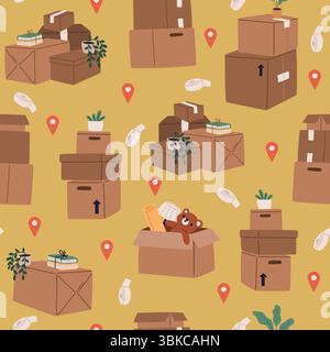 Cardboard boxes of household items. Family relocating seamless pattern. Container with duct tape. New location moving. Belongings for relocation. Toys Stock Vector
