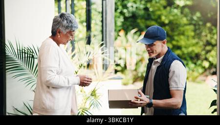 Delivery man, senior woman and box at front door for online shopping, distribution and logistics. Courier service, customer and happy with package for Stock Photo