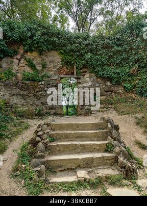 Old stone steps leading to opening in ancient weathered stone and brick wall partially covered with moss and lush green vegetation. Historical heritag Stock Photo