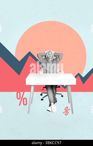 Poster template collage of worker person sit table with picture lines analysis percent on blue background Stock Photo