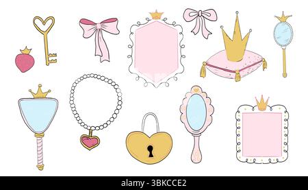 Princess set cute hand drawn sketch. Girl magic fairy mirror, pageant, crown, fairytale fantasy. Royal accessory. Letter and key. Vector illustration Stock Vector