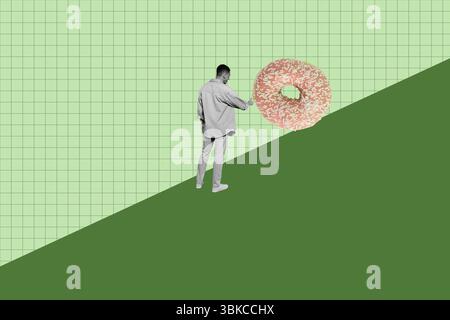 Poster trend collage of person stand touch with donut dessert on green background Stock Photo