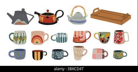 Set of handmade ceramic mugs, cups, teapot, kettle Stock Vector