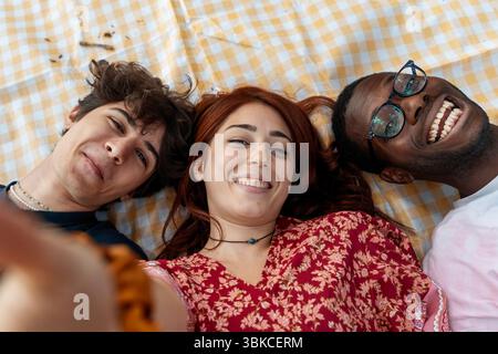 A happy group of diverse young friends smile and laugh while taking a selfie, lying on a picnic blanket in a park on a sunny day. Stock Photo