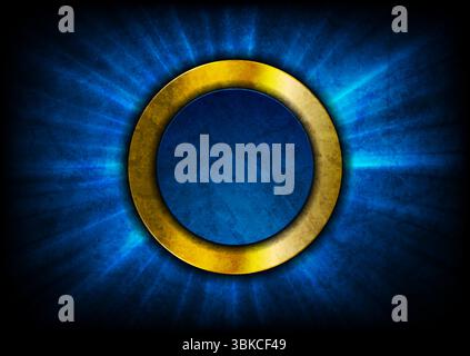 Blue and golden circles grunge abstract background with glowing rays. Vector design Stock Vector