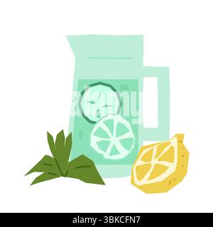 Glass jug filled with mint lemonade and citrus slices. Flat cartoon style in pastel colors, isolated on white background. Stock Vector