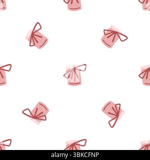 Cute seamless pattern with pink jam jars tied with red bows. Flat cartoon style in pastel pink, isolated on white background. Stock Vector