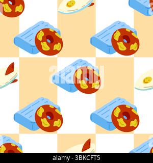 Seamless pattern with inflatable pool float, lifebuoy ring, and surfboard. Bright flat cartoon style with beach-themed summer elements on checkered ba Stock Vector