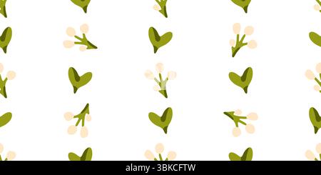 Seamless pattern with pale berries on green branches and heart-shaped leaves. Flat cartoon botanical style with natural colors, isolated on white. Stock Vector