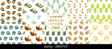 Set of 10 seamless summer patterns with food, drinks, camping gear, hats, tents, fans, and more. Flat cartoon style in bright seasonal colors. Stock Vector