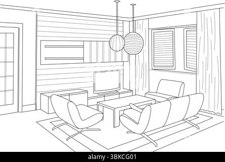 Detailed black and white line drawing illustration of a contemporary living room interior. Features include a comfortable sofa, modern armchairs, a co Stock Vector