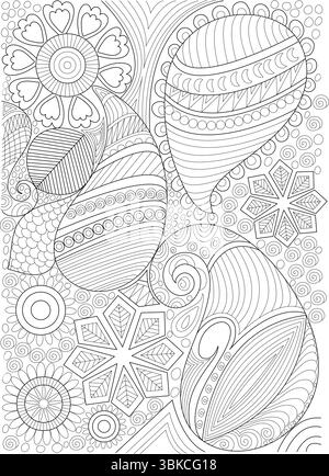 A highly detailed and intricate black and white line art pattern featuring a dense arrangement of abstract floral elements, leaves, swirls, circles, a Stock Vector