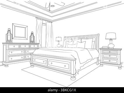 Line drawing illustration of a classic residential bedroom interior with a bed, dresser, nightstand, lamps, curtains, ceiling fan, and rug. This archi Stock Vector