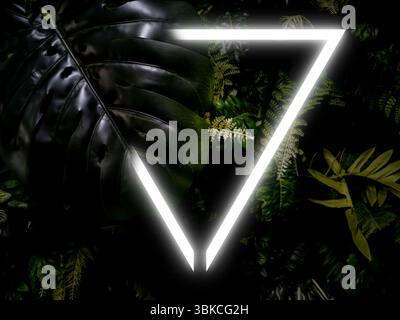 Dark leaves of trees background. dark green neon light and glowing with triangle shape. Stock Photo