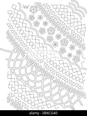 An intricate black and white line art illustration featuring a dense composition of abstract and geometric patterns including circles, triangles, squa Stock Vector