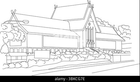 A simple black and white line art illustration depicting the exterior of a national museum building, showcasing its architectural style and surroundin Stock Vector