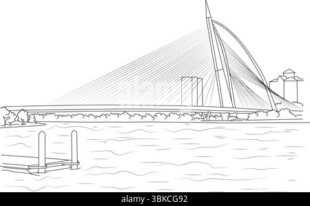 Black and white line drawing illustrating the modern Seri Wawasan Bridge in Putrajaya, Malaysia. The iconic cable-stayed bridge spans over the water, Stock Vector