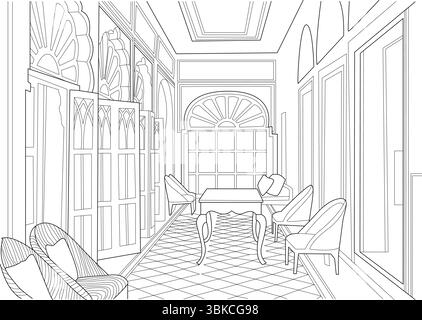 Black and white line art illustration featuring a stylish interior space with ornate windows, a table, and chairs, perfect for architectural concepts, Stock Vector