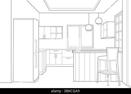 Outline sketch of a contemporary kitchen interior layout. The illustration shows essential elements including kitchen cabinets, a refrigerator, an isl Stock Vector