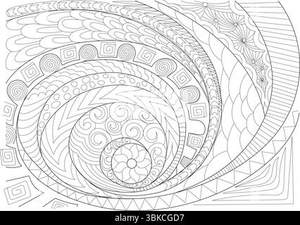 Abstract black and white line drawing with complex interwoven patterns, perfect for coloring books, backgrounds, or design elements. Features swirling Stock Vector
