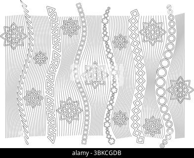 Detailed black and white line art illustration featuring a complex arrangement of patterns including wavy lines, geometric shapes like triangles, squa Stock Vector