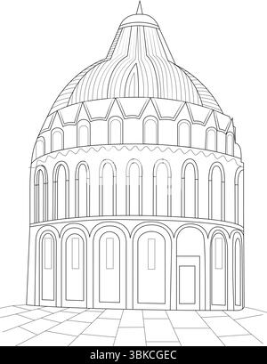 Simple black and white line art illustration of the Baptistery of Pisa, located in the Piazza dei Miracoli, Italy. Architectural sketch. Stock Vector