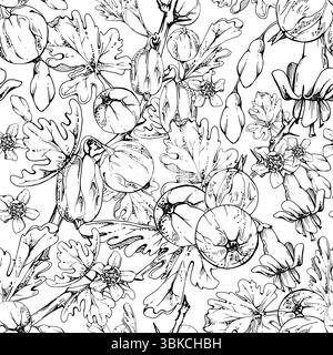 Gooseberry berries flower buds leaves clusters on thorny branch, ripe garden casseille currant. Hand drawn in vector ink. Seamless pattern isolated Stock Vector