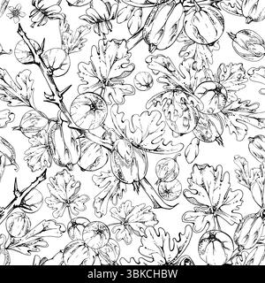 Gooseberry Currant with leaves flowers garden berry hanging on spiked thorny branches. Isolated seamless pattern tile hand drawn in vector ink. Craft Stock Vector
