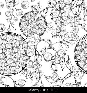 Currant gooseberry in clusters, leaves on ceramic dish, hand drawn in vector ink, ripe picked garden berry harvest, casseille jostaberry. Isolated Stock Vector