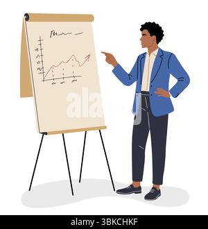 Business man pointing at data on flip chart Stock Vector