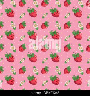 Strawberry seamless pattern. Repeating pattern with strawberries. Summer pattern on pink background. Juicy red seamless strawberries with flowers Stock Vector