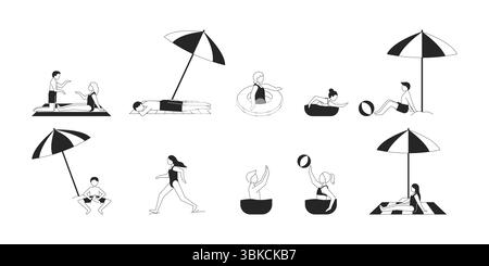 Diverse bathers enjoying beach activities 2D line characters set Stock Vector