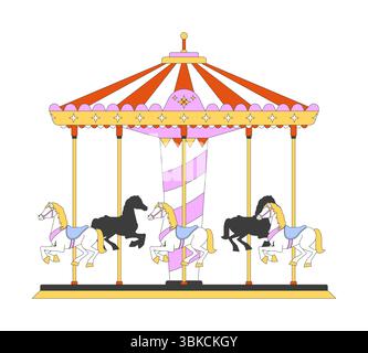 Vintage carousel with spinning horses 2D cartoon object Stock Vector
